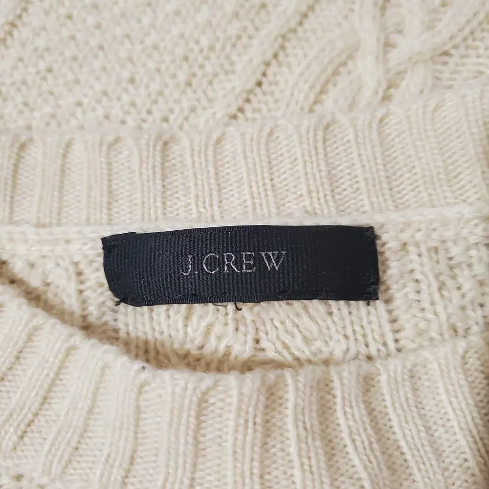J. Crew Cable Knit Wool Bell Ruffle Sleeve Crewneck Cream Sweater Womens Size L